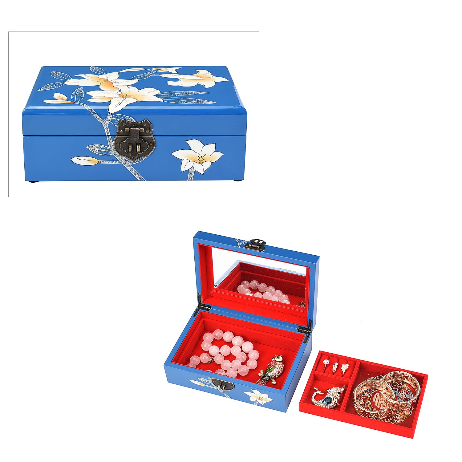 2 Layer Lily Pattern Japanese Artwork Jewellery Box with Inside Mirror and Removable Tray (Size 21x14x7.5cm) - Blue