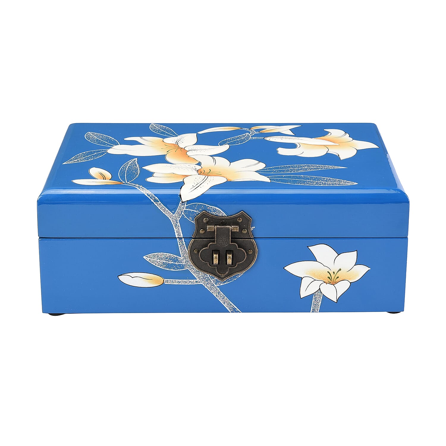 2 Layer Lily Pattern Japanese Artwork Jewellery Box with Inside Mirror and Removable Tray (Size 21x14x7.5cm) - Blue