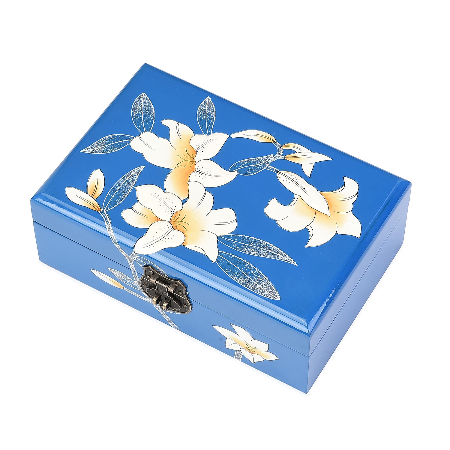 2 Layer Lily Pattern Japanese Artwork Jewellery Box with Inside Mirror and Removable Tray (Size 21x14x7.5cm) - Blue