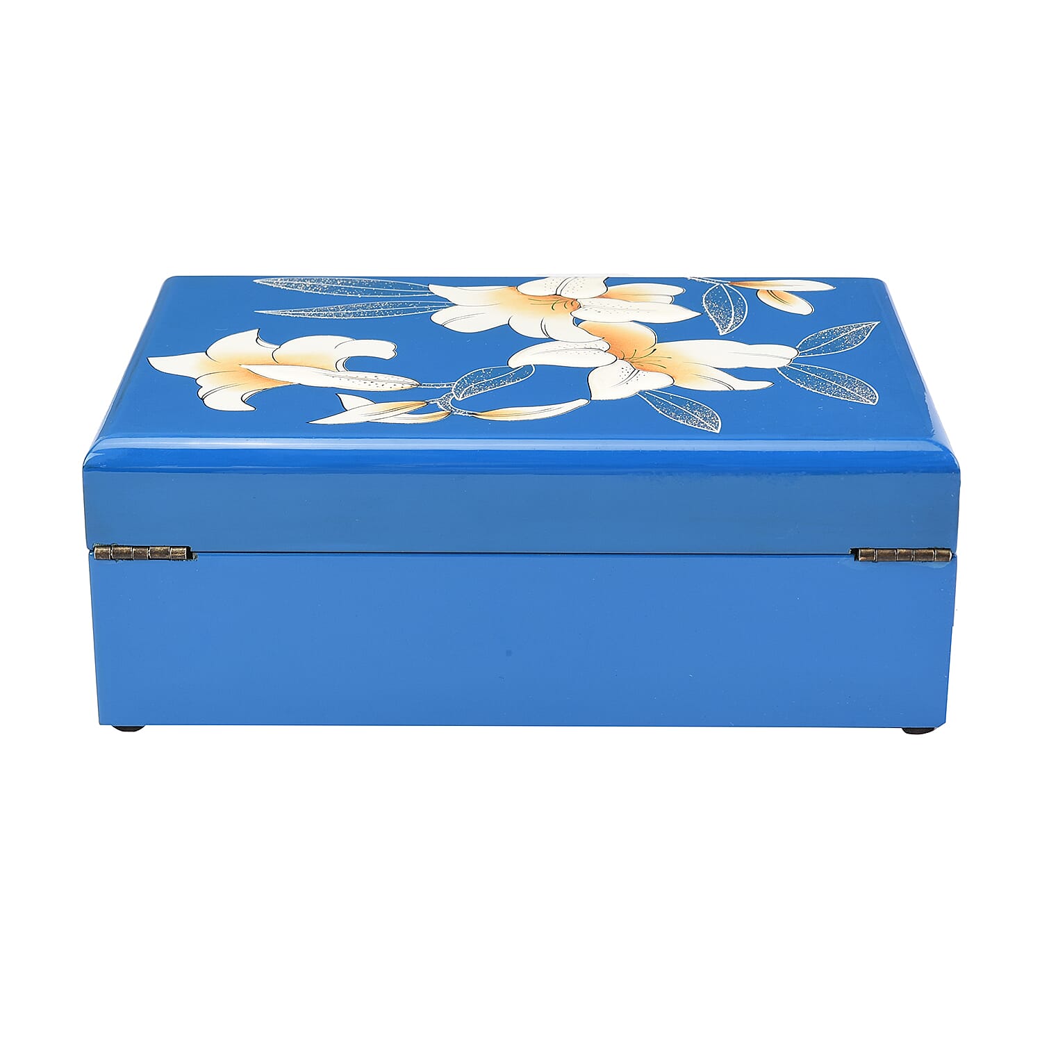 2 Layer Lily Pattern Japanese Artwork Jewellery Box with Inside Mirror and Removable Tray (Size 21x14x7.5cm) - Blue