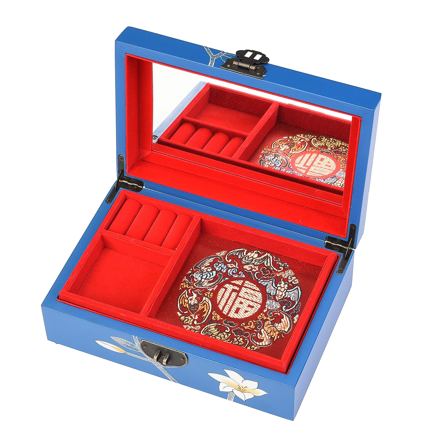2 Layer Lily Pattern Japanese Artwork Jewellery Box with Inside Mirror and Removable Tray (Size 21x14x7.5cm) - Blue