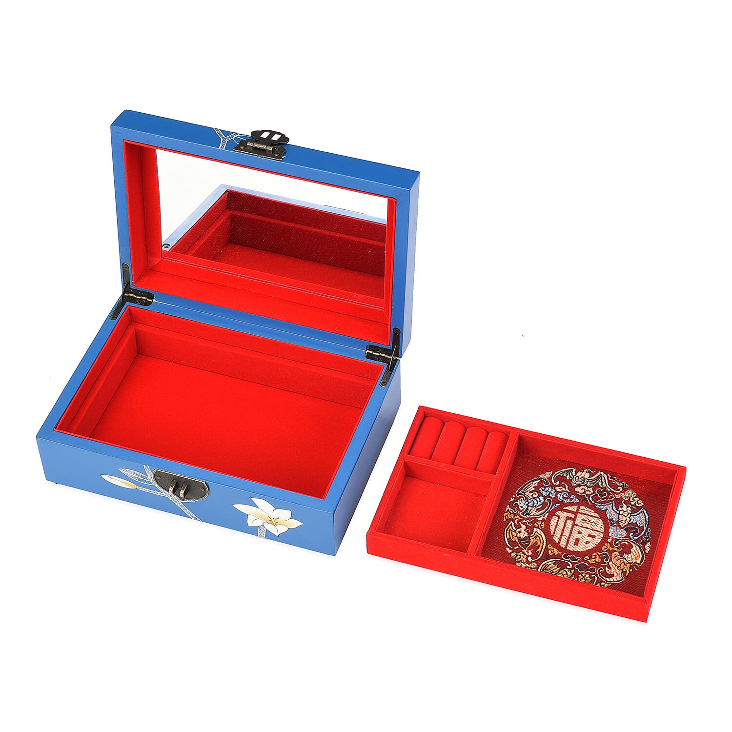 2 Layer Lily Pattern Japanese Artwork Jewellery Box with Inside Mirror and Removable Tray (Size 21x14x7.5cm) - Blue