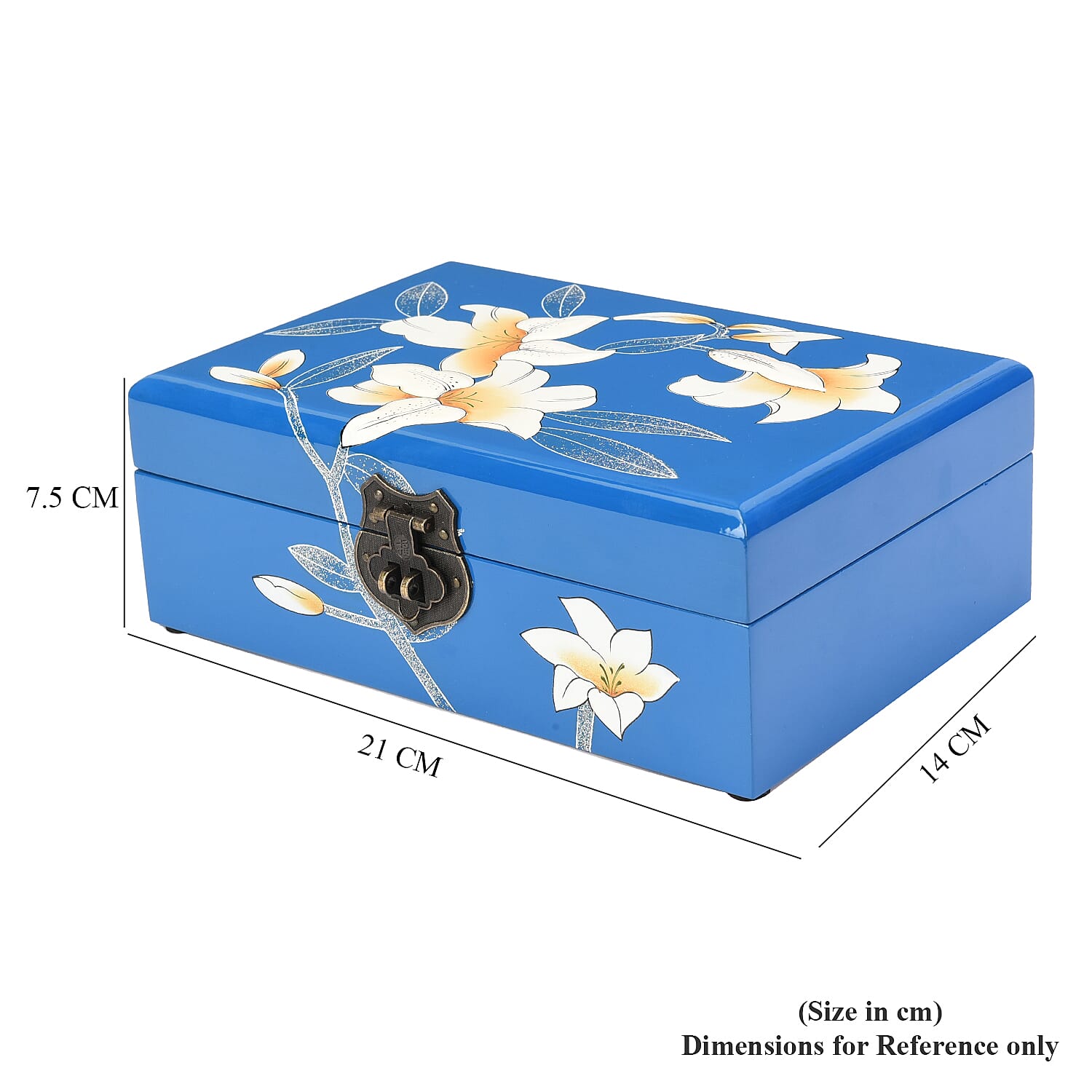 2 Layer Lily Pattern Japanese Artwork Jewellery Box with Inside Mirror and Removable Tray (Size 21x14x7.5cm) - Blue
