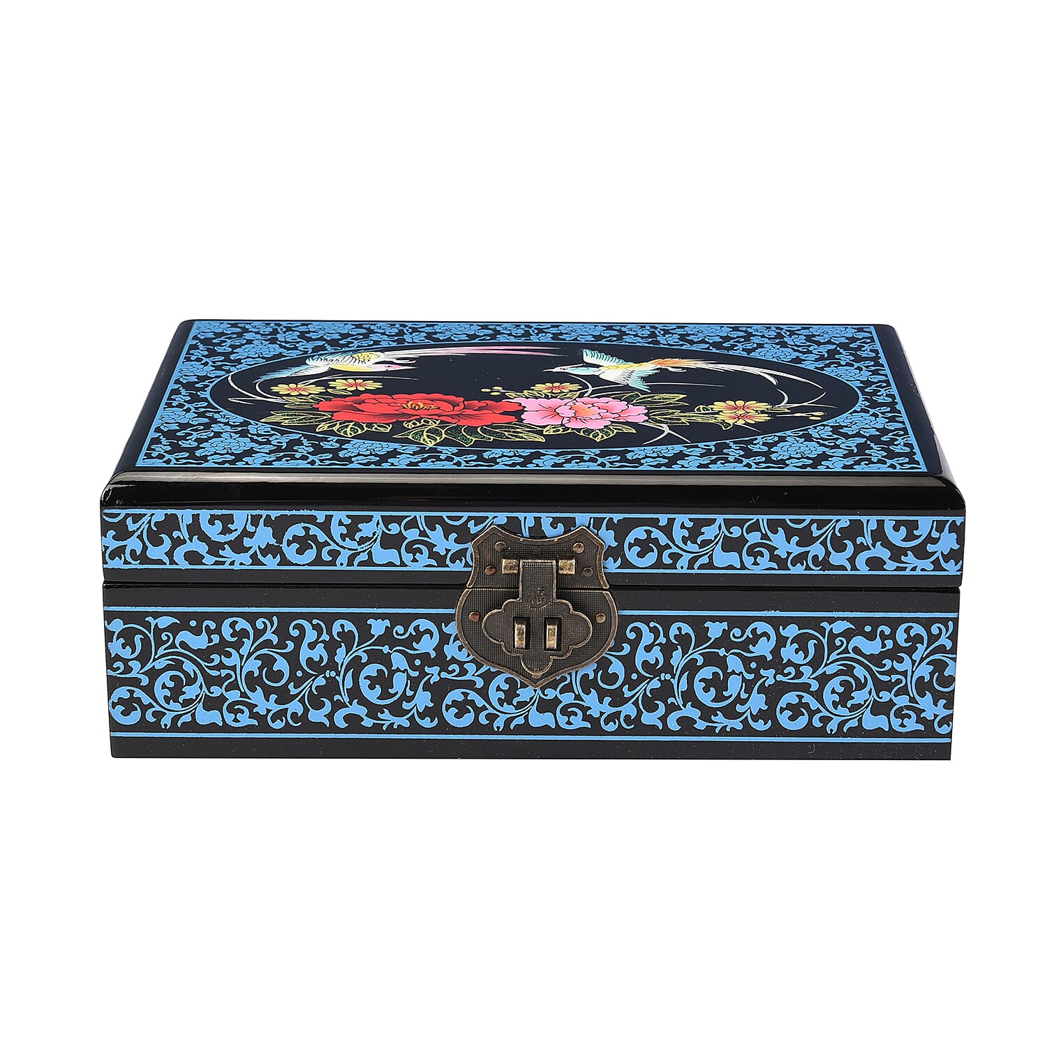 2 Layer Floral Pattern Japanese Artwork Jewellery Box with Inside Mirror and Removable Tray (Size 21x14x7.5cm) - Blue