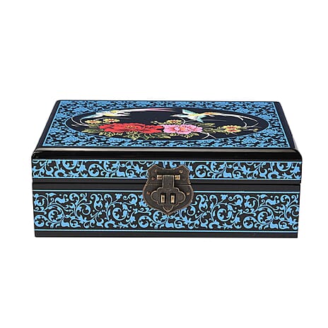 2 Layer Floral Pattern Japanese Artwork Jewellery Box with Inside Mirror and Removable Tray (Size 21x14x7.5cm) - Blue