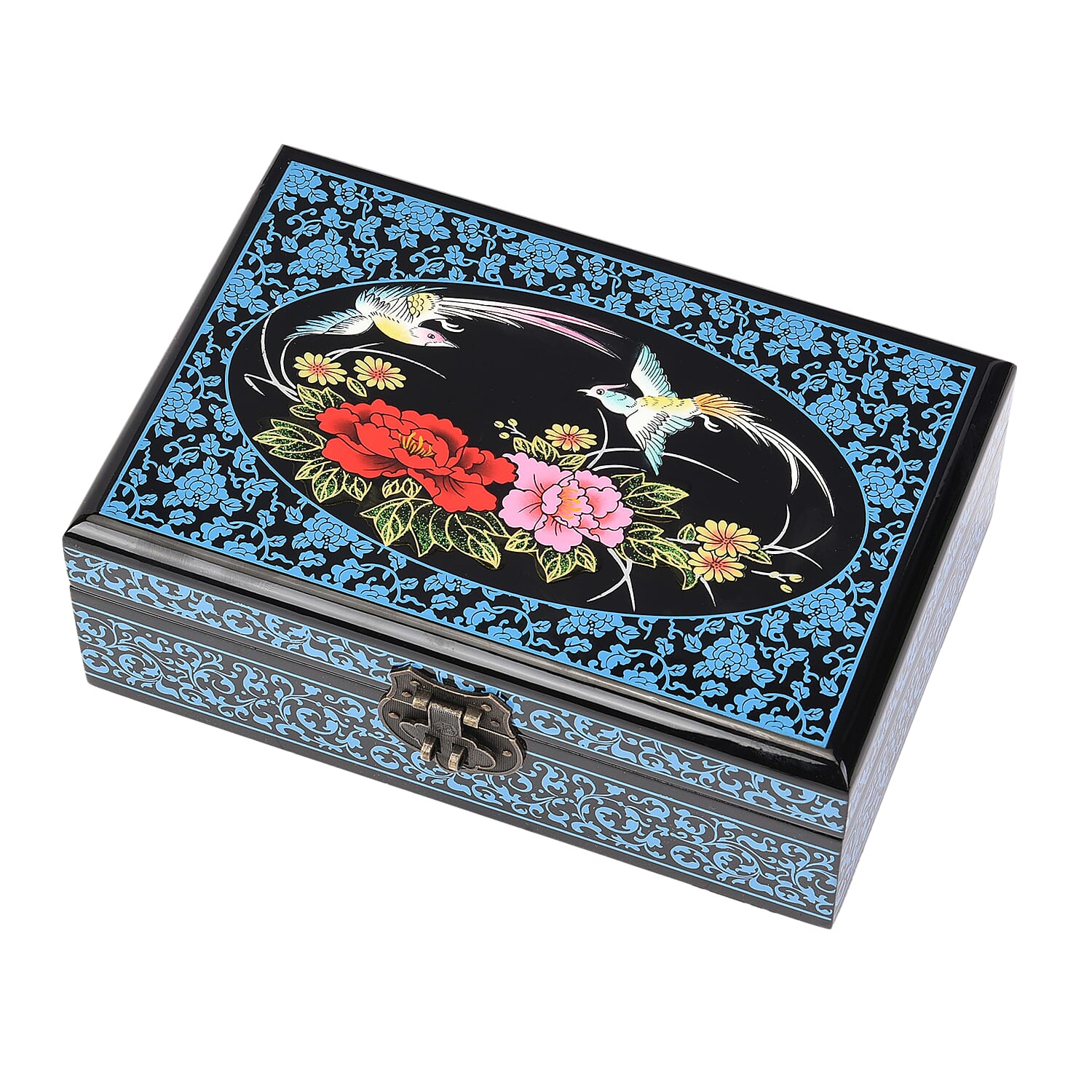 2 Layer Floral Pattern Japanese Artwork Jewellery Box with Inside Mirror and Removable Tray (Size 21x14x7.5cm) - Blue