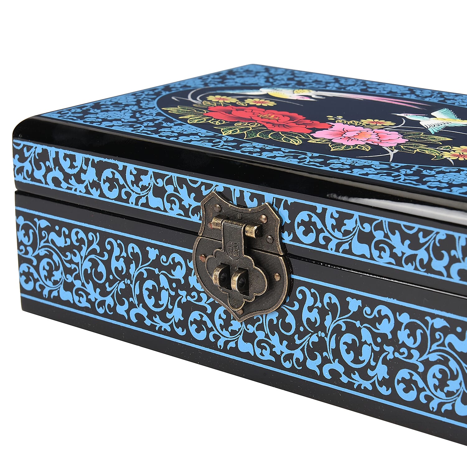 2 Layer Floral Pattern Japanese Artwork Jewellery Box with Inside Mirror and Removable Tray (Size 21x14x7.5cm) - Blue