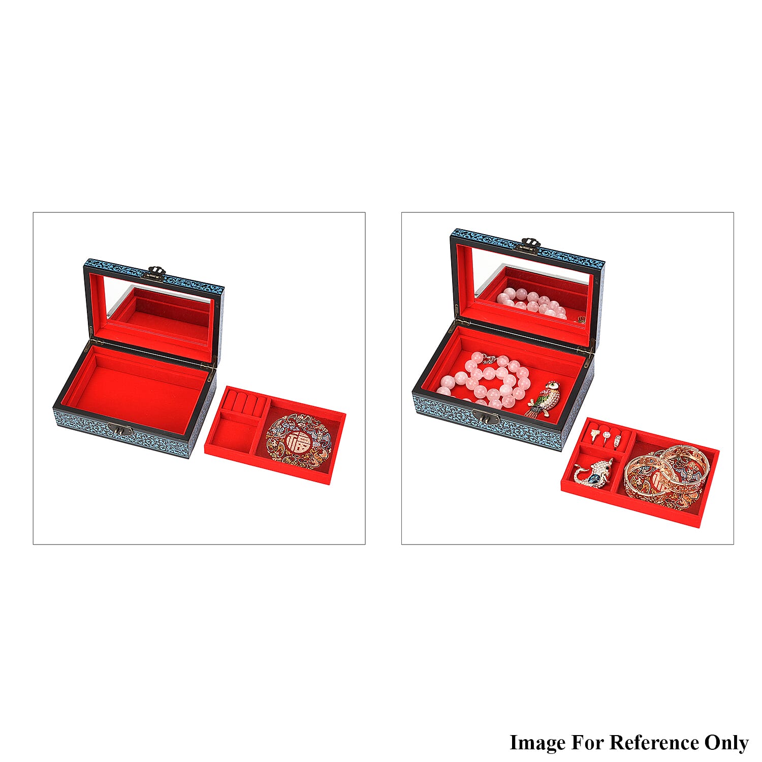 2 Layer Floral Pattern Japanese Artwork Jewellery Box with Inside Mirror and Removable Tray (Size 21x14x7.5cm) - Blue