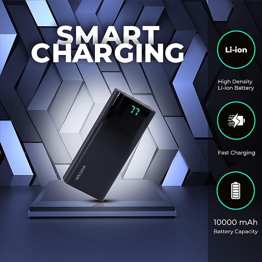 Wesdar 10000 mah Portable Power Bank with Built-in Display Screen (Size:11x5x2Cm) - Black