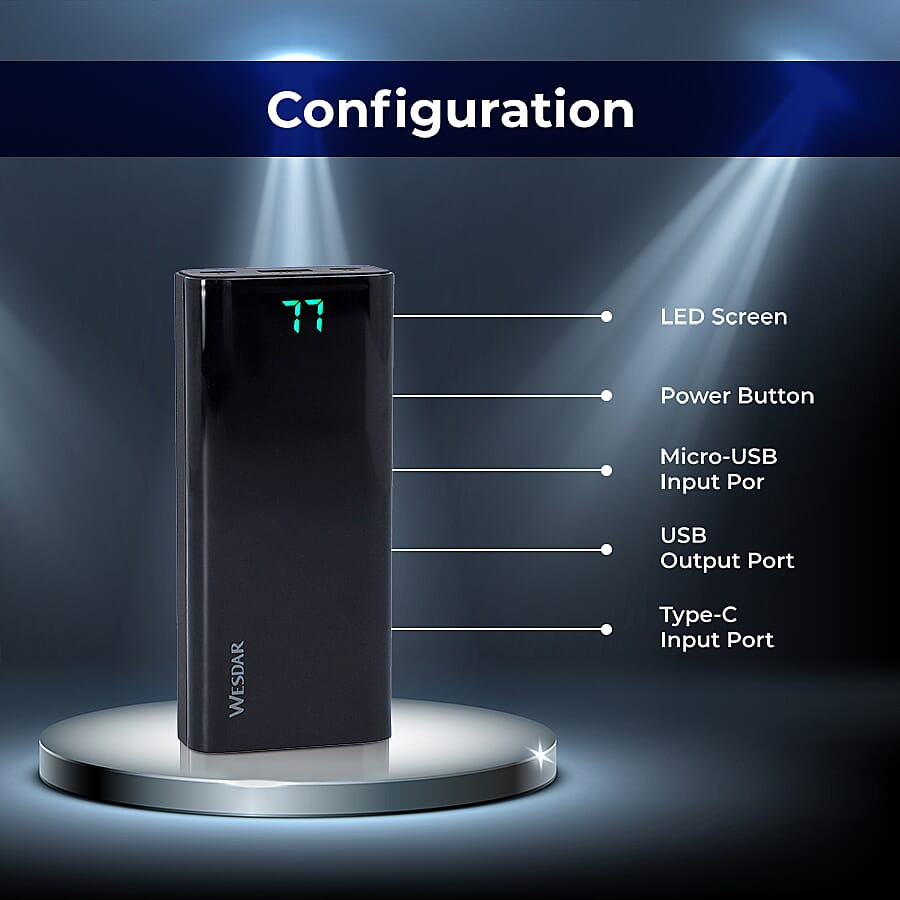 Wesdar 10000 mah Portable Power Bank with Built-in Display Screen (Size:11x5x2Cm) - Black