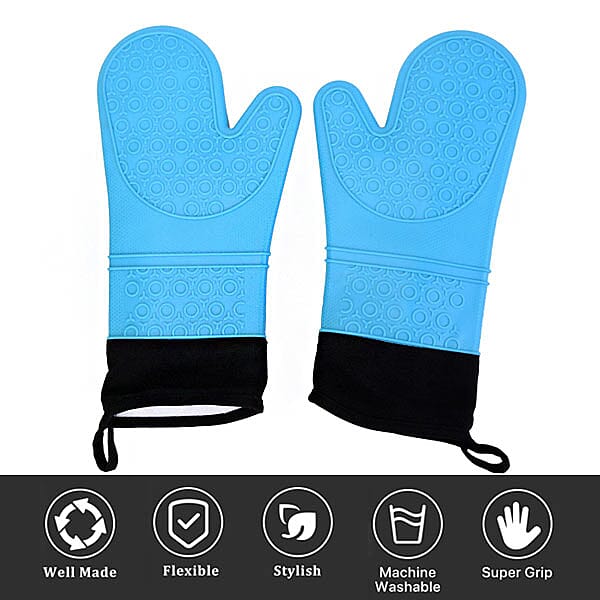 Heat Resistant Silicone Oven Mitts with Cotton and Canvas Lining (Size 36x19 Cm)