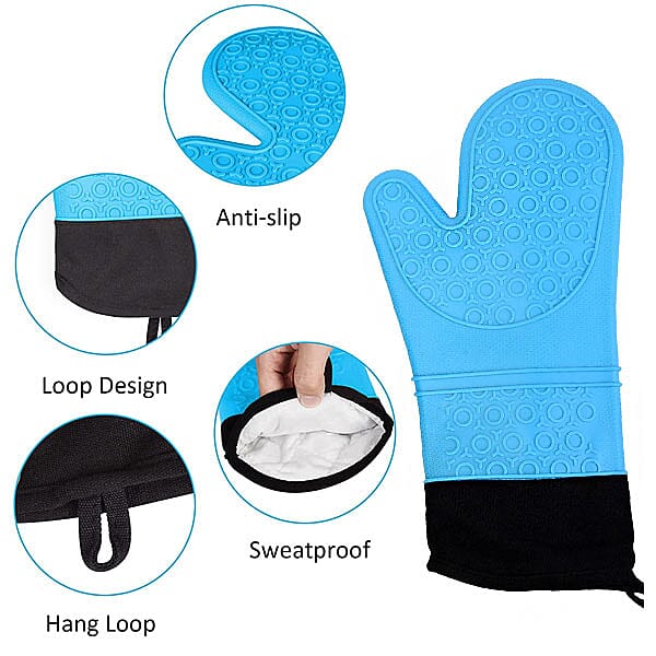 Heat Resistant Silicone Oven Mitts with Cotton and Canvas Lining (Size 36x19 Cm)