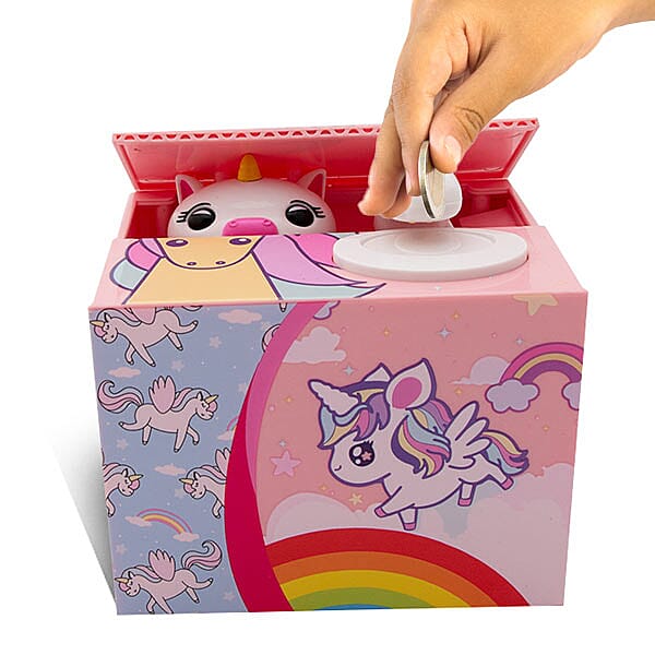 Coin Stealing Unicorn Money Box (Size 12x10x9cm) - 2xAA Batteries not included