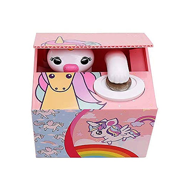 Coin Stealing Unicorn Money Box (Size 12x10x9cm) - 2xAA Batteries not included