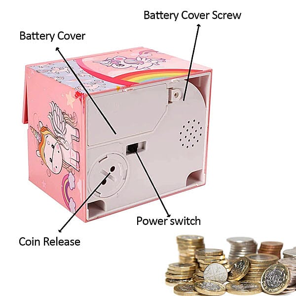 Coin Stealing Unicorn Money Box (Size 12x10x9cm) - 2xAA Batteries not included