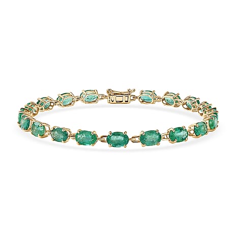 Treasures OF Zambia - Luxoro - 10K Yellow Gold AAA Natural Zambian Emerald Tennis Bracelet (Size - 8) 10.90 Ct