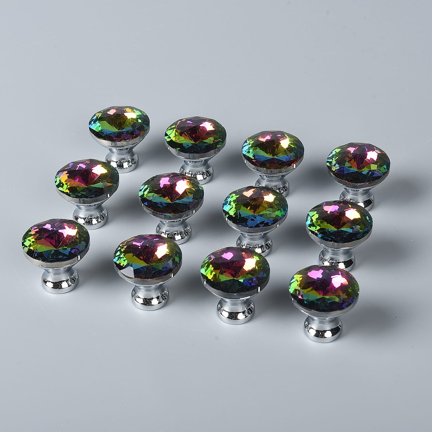Set of 12 - Crystal Drawer Knobs (Suitable for Kitchen Cabinets, Drawers, Cupboards and Dressing Table) (Size:3x1.5Cm) - Silver and Multi