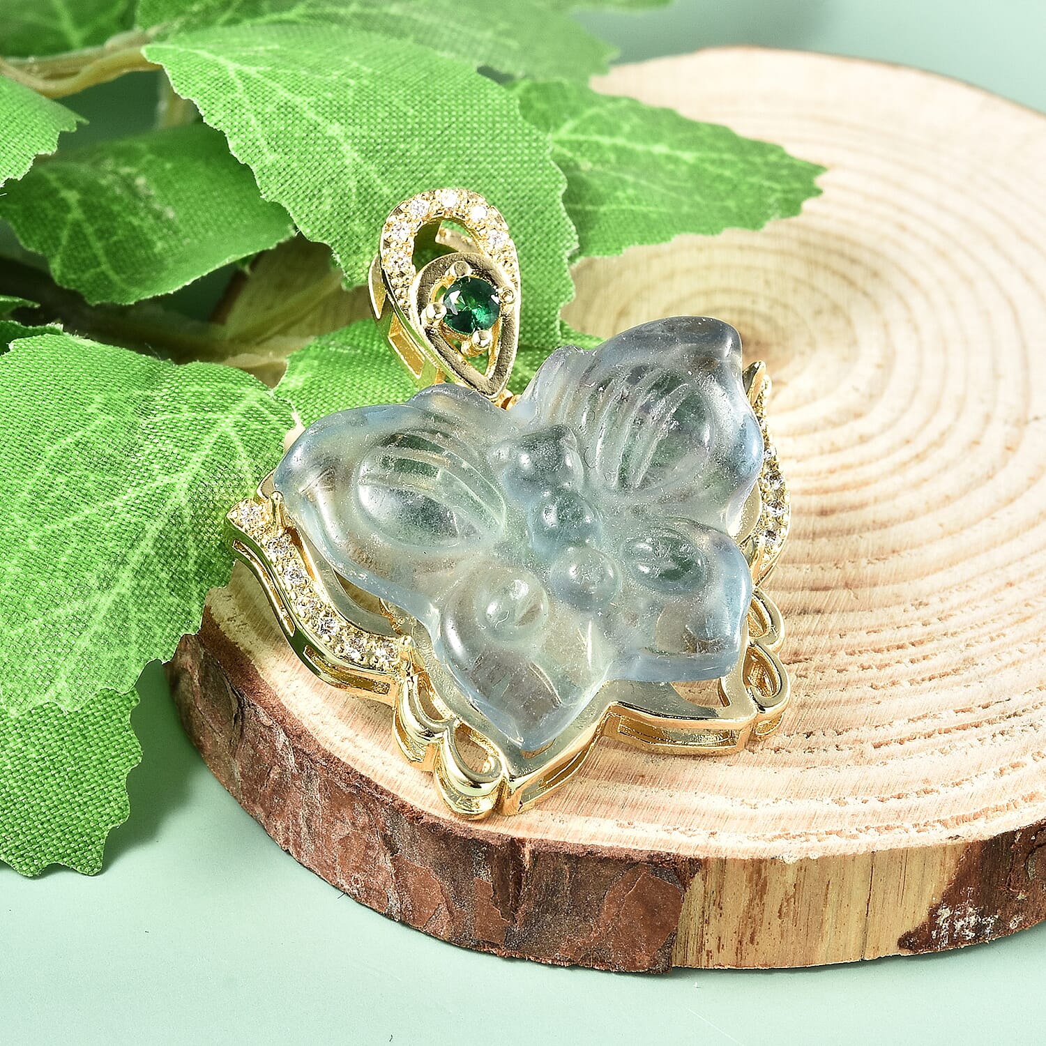 Simulated Green Topaz, Multi Fluorite and Simulated Diamond Butterfly Pendant in Yellow Gold Tone