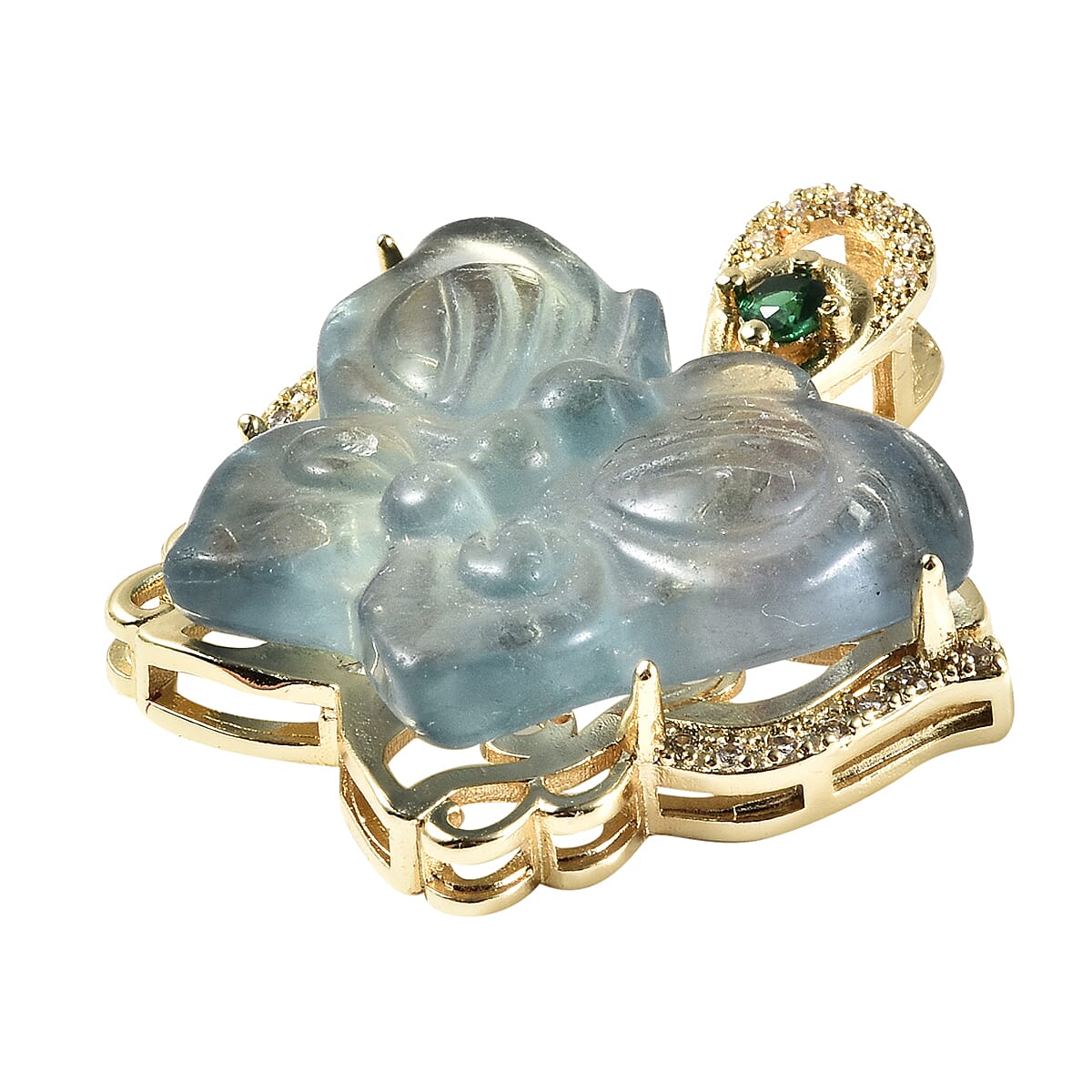 Simulated Green Topaz, Multi Fluorite and Simulated Diamond Butterfly Pendant in Yellow Gold Tone