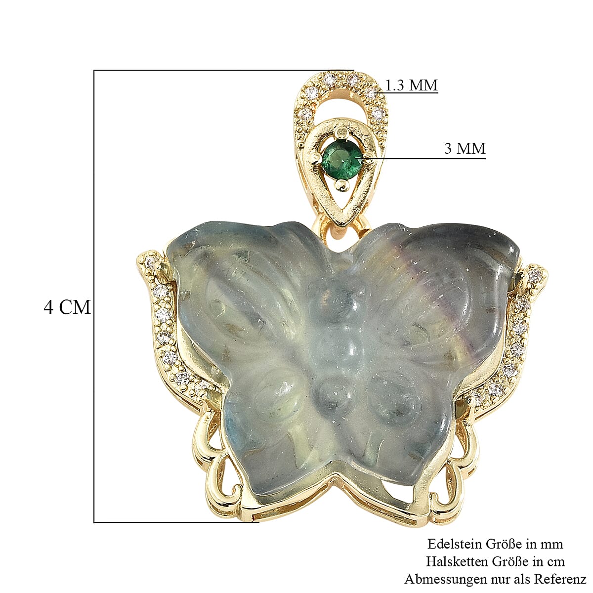 Simulated Green Topaz, Multi Fluorite and Simulated Diamond Butterfly Pendant in Yellow Gold Tone
