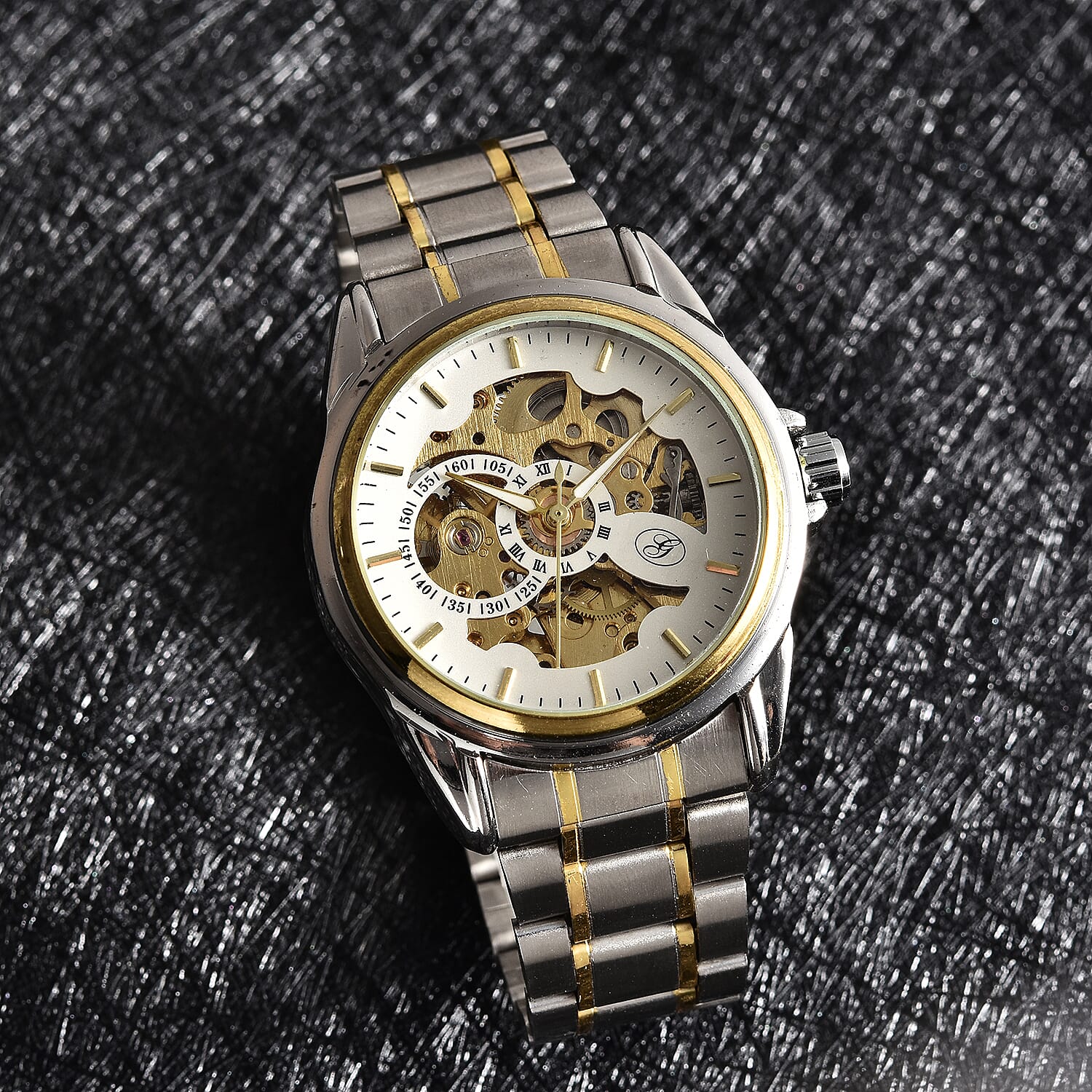 GENOA Automatic Mechanical Movement Skeleton White Dial Water Resistant Watch with Chain Strap in Dual Tone