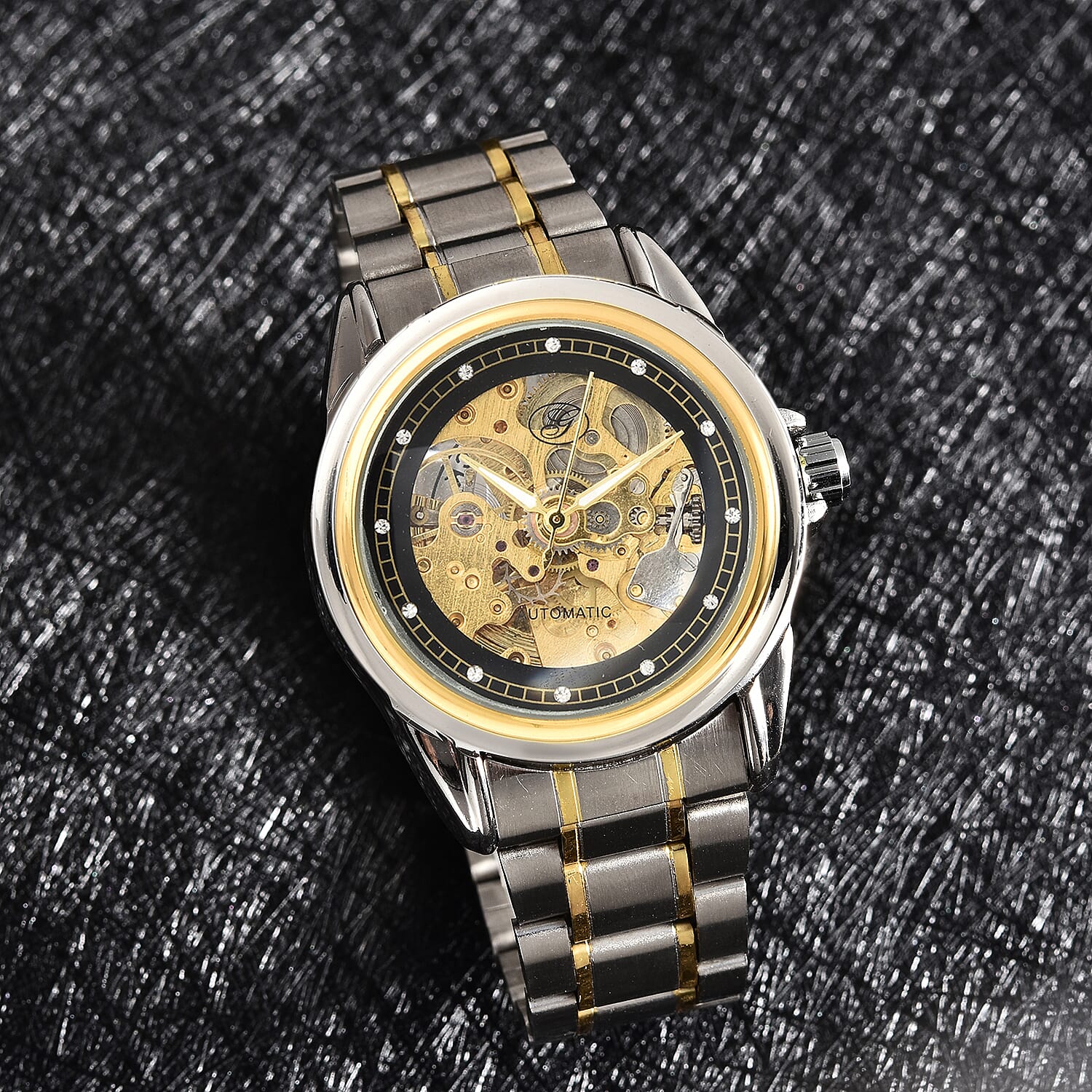 GENOA Automatic Mechanical Movement Skeleton Black Dial White Austrian Crystal Studded Water Resistant Watch with Chain Strap in Dual Tone