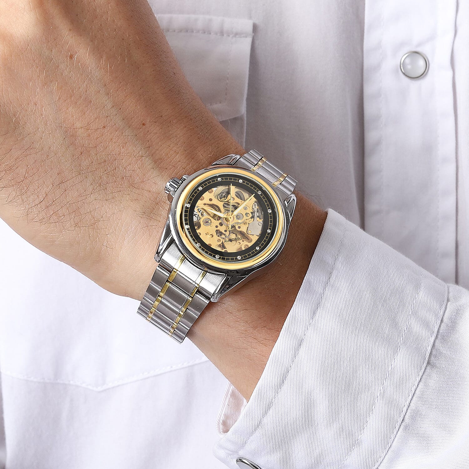 GENOA Automatic Mechanical Movement Skeleton Black Dial White Austrian Crystal Studded Water Resistant Watch with Chain Strap in Dual Tone