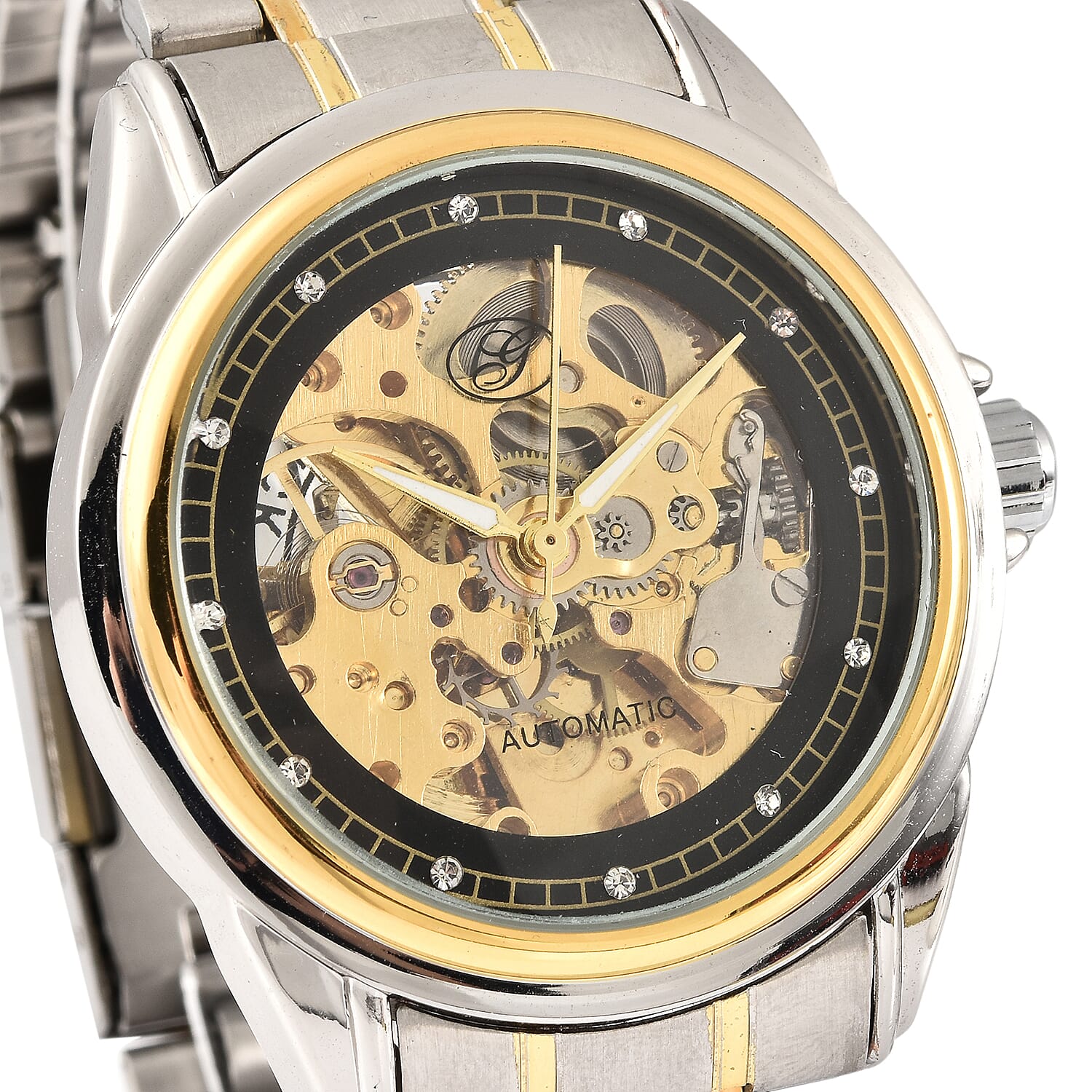 GENOA Automatic Mechanical Movement Skeleton Black Dial White Austrian Crystal Studded Water Resistant Watch with Chain Strap in Dual Tone