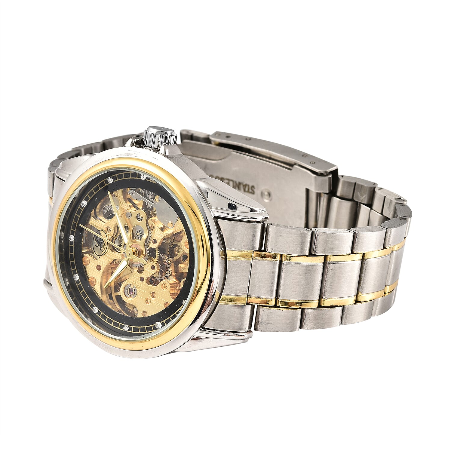 GENOA Automatic Mechanical Movement Skeleton Black Dial White Austrian Crystal Studded Water Resistant Watch with Chain Strap in Dual Tone