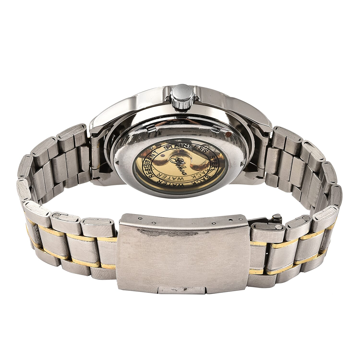 GENOA Automatic Mechanical Movement Skeleton Black Dial White Austrian Crystal Studded Water Resistant Watch with Chain Strap in Dual Tone