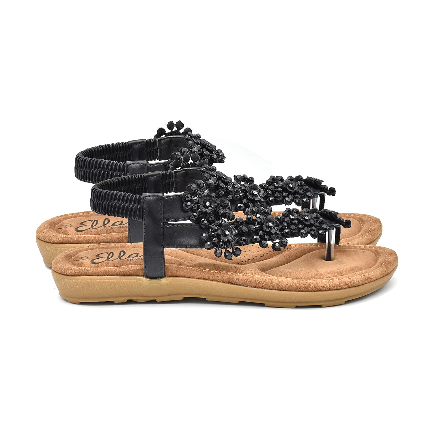 Ella Daisy Toe Post Sandal with Elastic Strap in Black (Size 4)