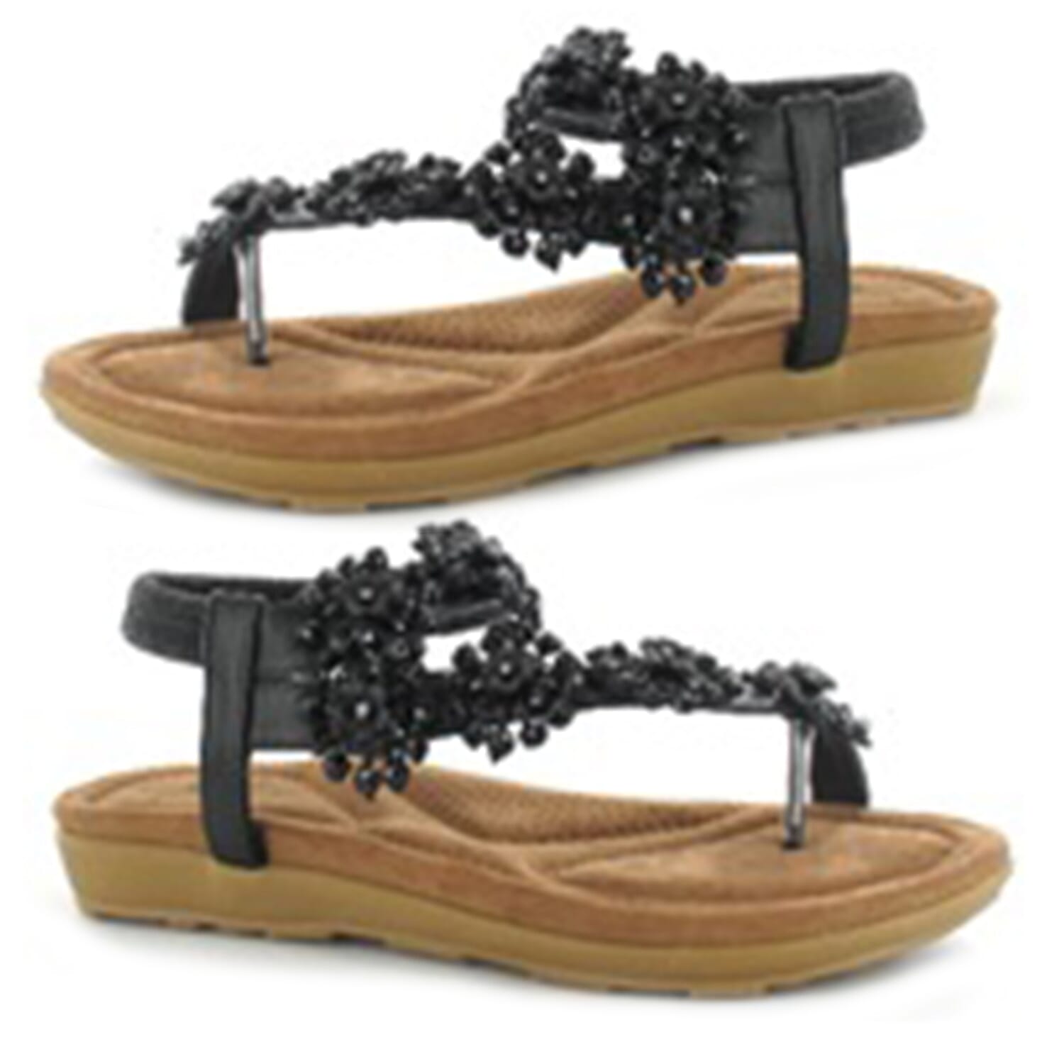 Ella Daisy Toe Post Sandal with Elastic Strap in Black (Size 4)