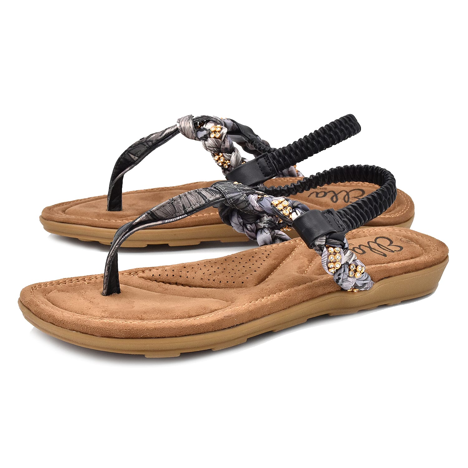 Ella Flori Toe Post Sandal with Elastic Strap in Black