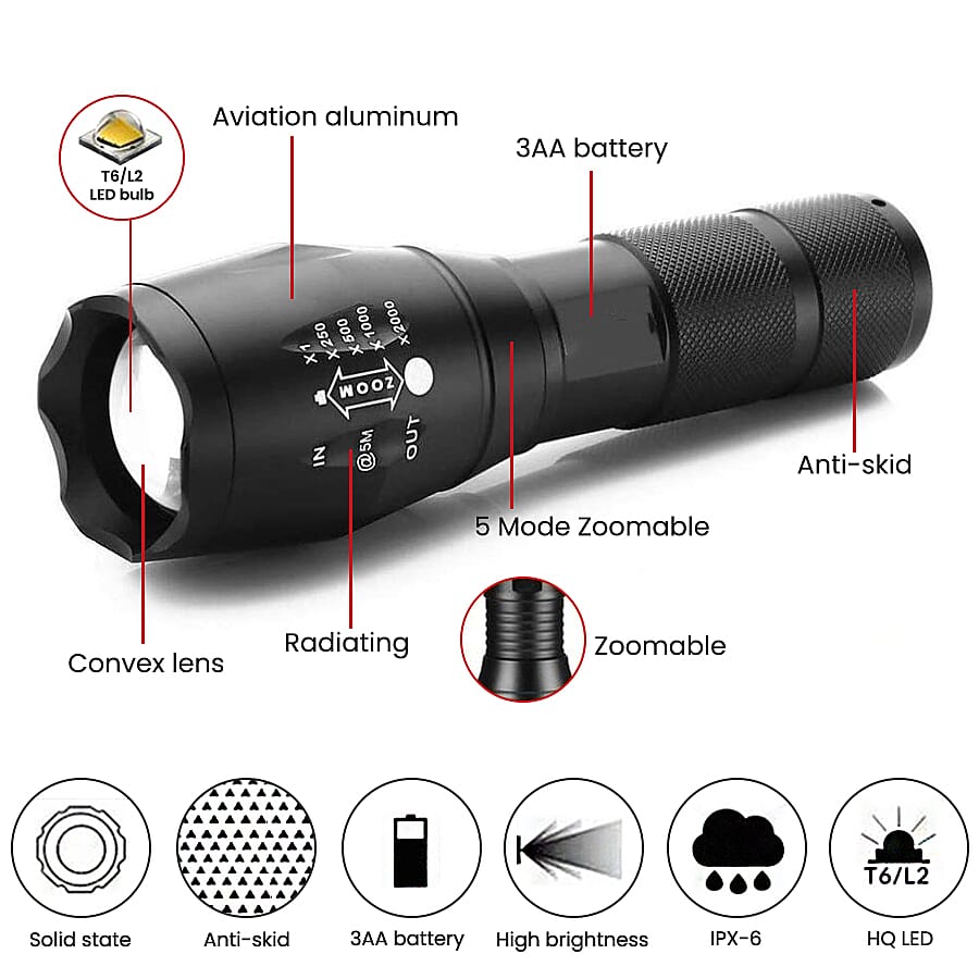 Portable and Waterproof 5 Mode Zoomable LED Tactical Torch Flashlight with Rechargeable Battery (3xAAA not included) - Black