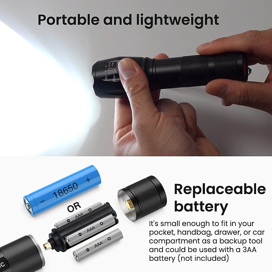 Portable and Waterproof 5 Mode Zoomable LED Tactical Torch Flashlight with Rechargeable Battery (3xAAA not included) - Black