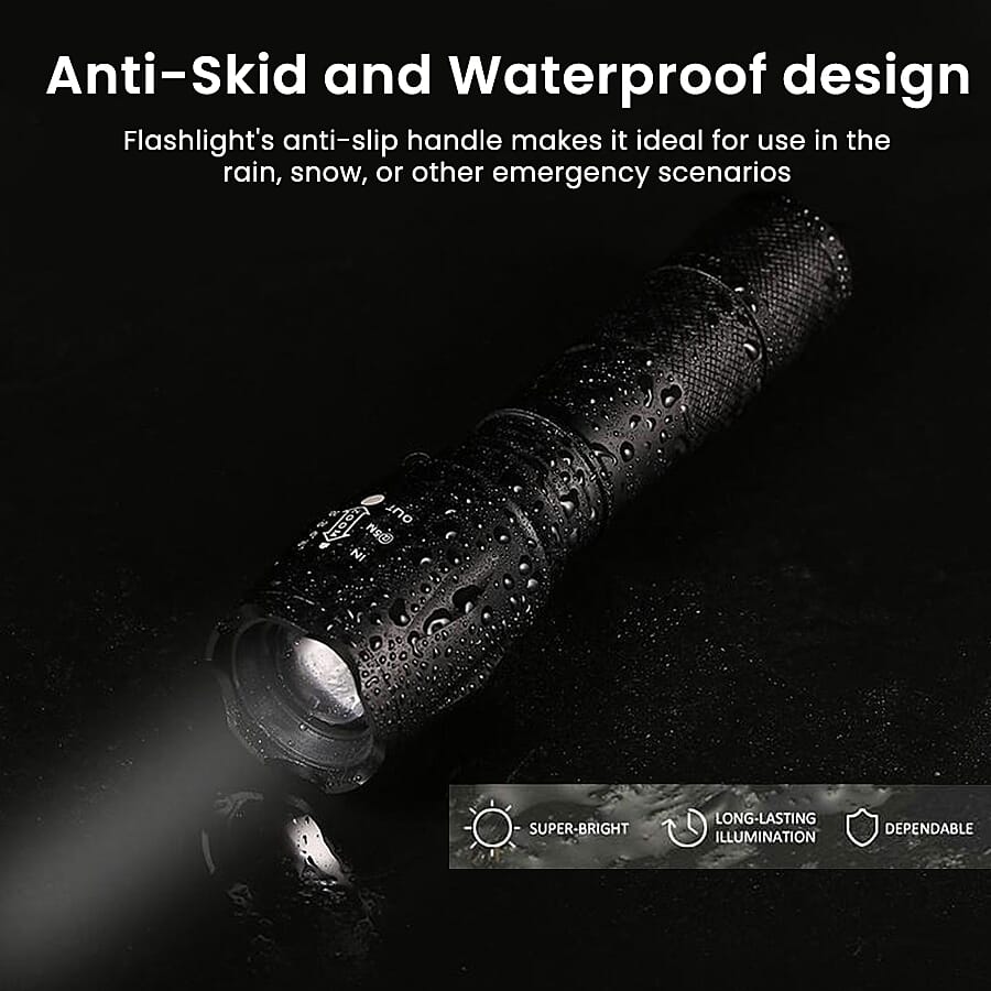 Portable and Waterproof 5 Mode Zoomable LED Tactical Torch Flashlight with Rechargeable Battery (3xAAA not included) - Black