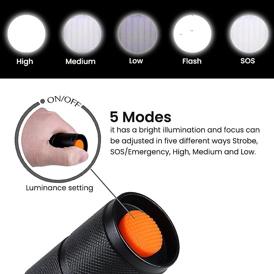 Portable and Waterproof 5 Mode Zoomable LED Tactical Torch Flashlight with Rechargeable Battery (3xAAA not included) - Black