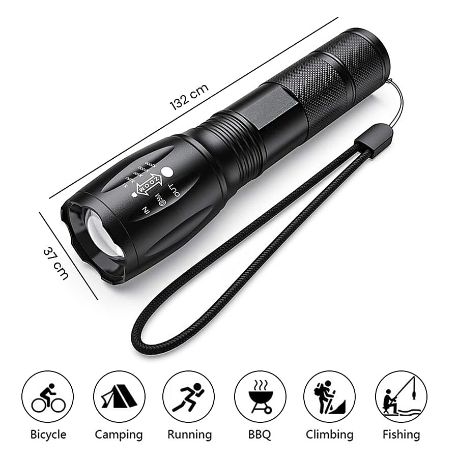 Portable and Waterproof 5 Mode Zoomable LED Tactical Torch Flashlight with Rechargeable Battery (3xAAA not included) - Black