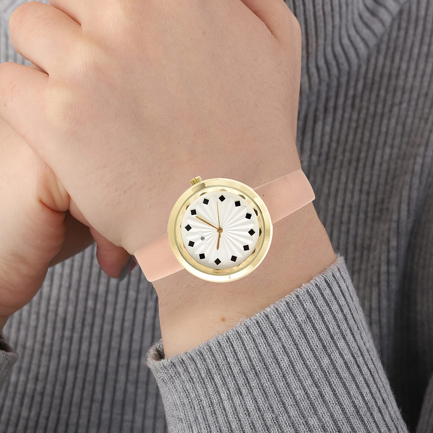 STRADA Japanese Movement Sunburst Effect Dial Water Resistant Watch with Beige Colour Strap