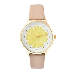 STRADA Japanese Movement Yellow Daisy Floral Water Resistant Watch with Beige Colour Strap