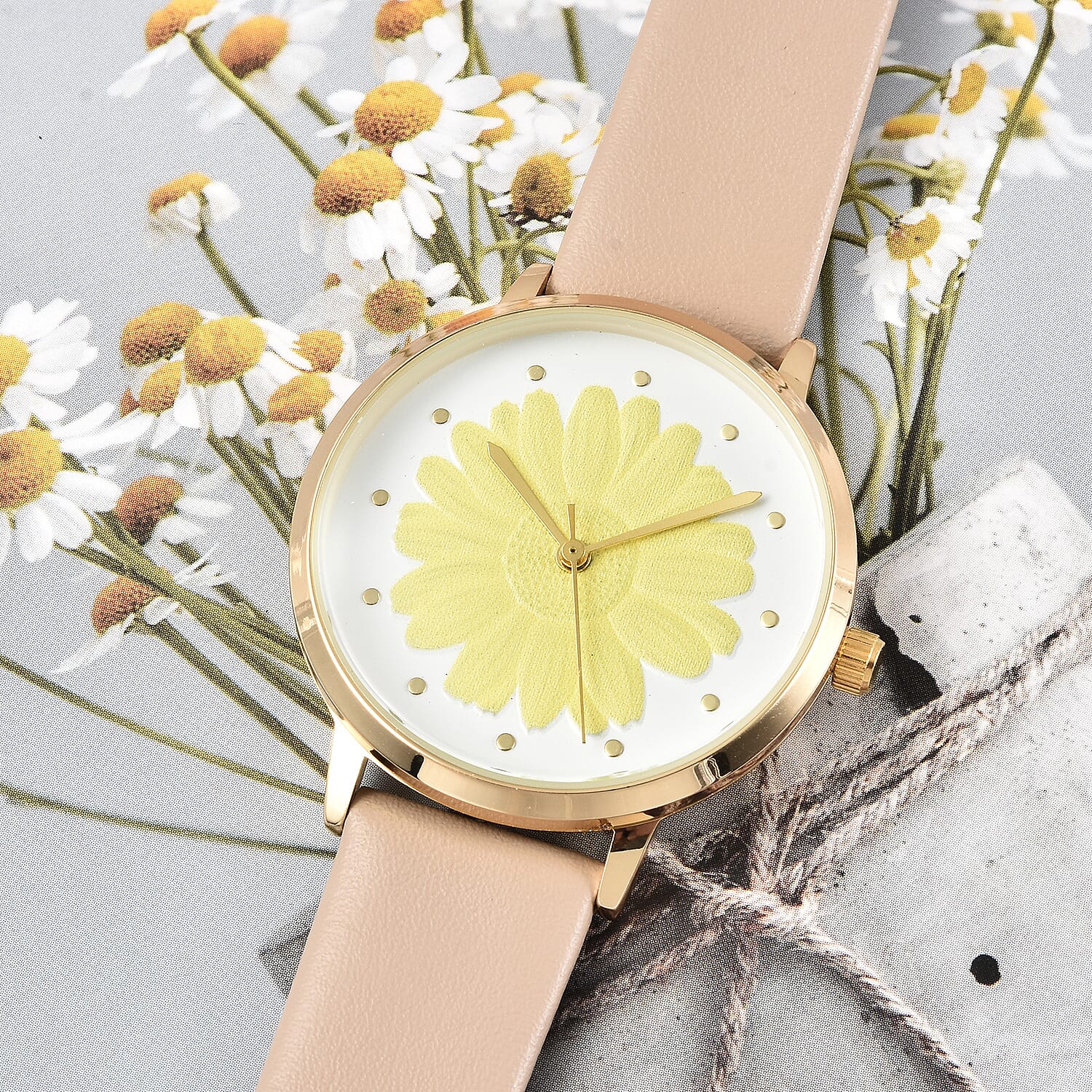 STRADA Japanese Movement Yellow Daisy Floral Water Resistant Watch with Beige Colour Strap