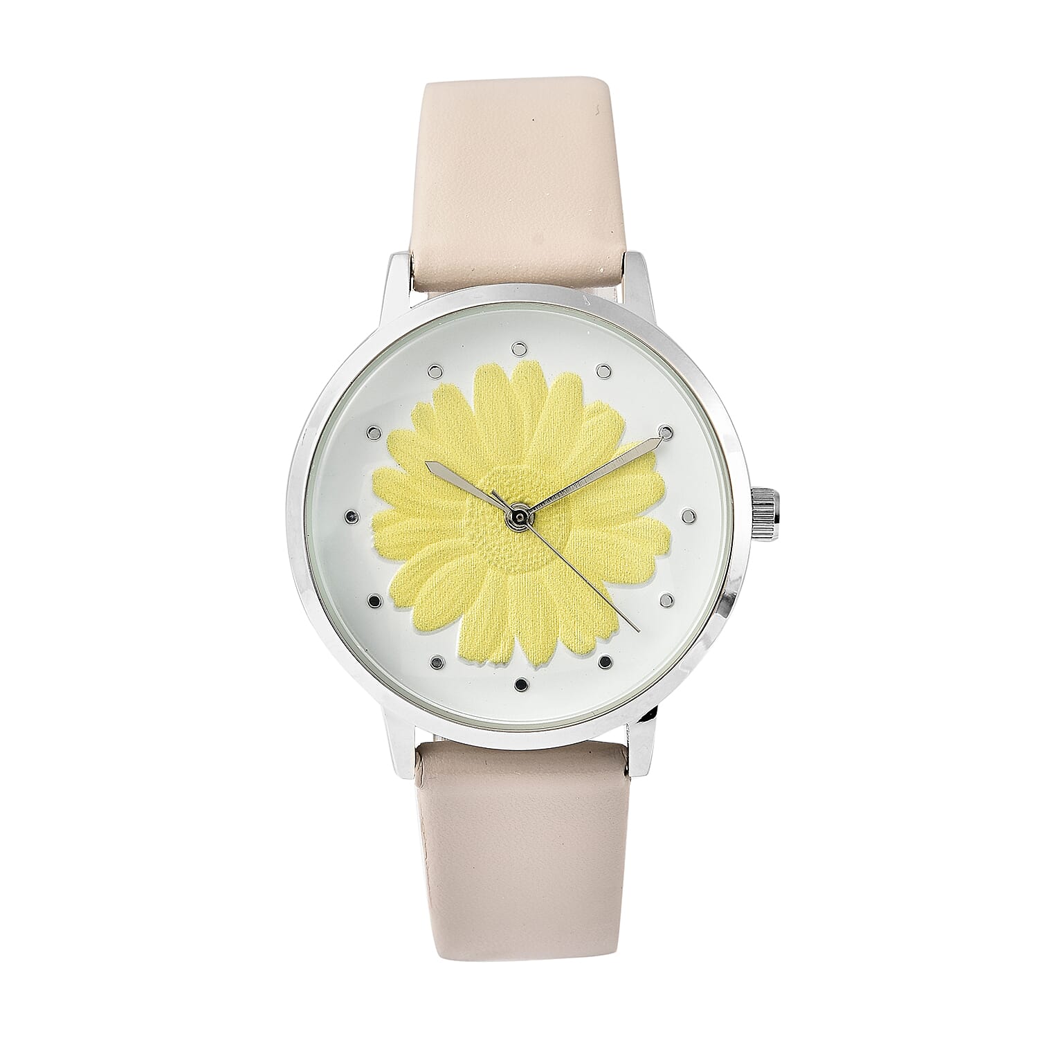 STRADA Japanese Movement Yellow Daisy Floral Water Resistant Watch with Ivory Colour Strap