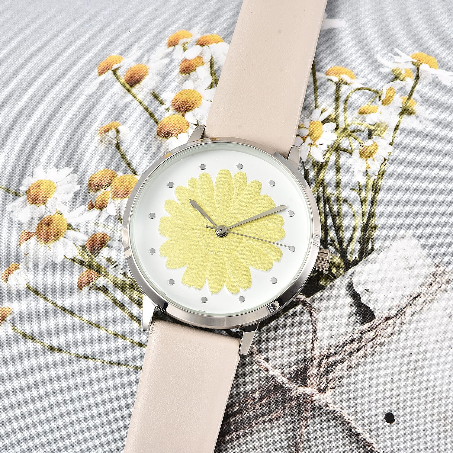 STRADA Japanese Movement Yellow Daisy Floral Water Resistant Watch with Ivory Colour Strap