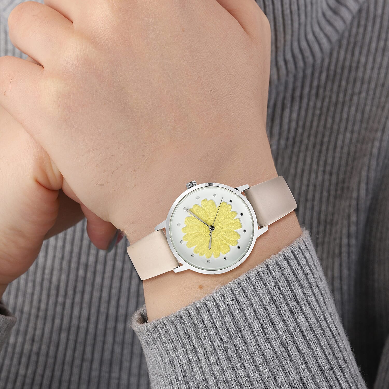 STRADA Japanese Movement Yellow Daisy Floral Water Resistant Watch with Ivory Colour Strap