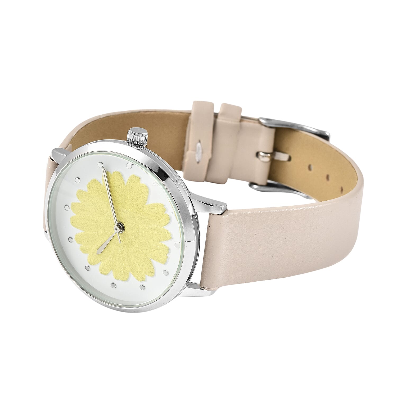 STRADA Japanese Movement Yellow Daisy Floral Water Resistant Watch with Ivory Colour Strap