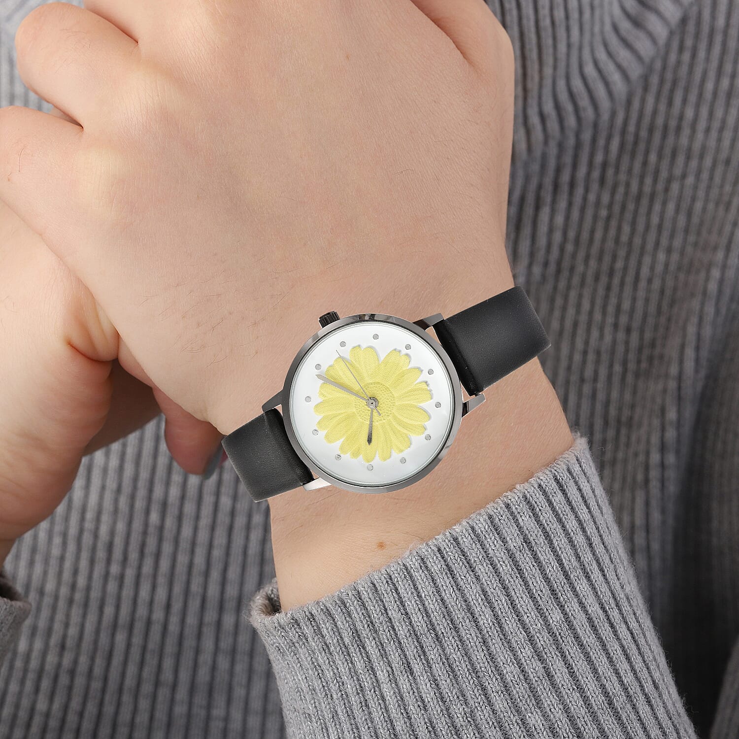 STRADA Japanese Movement Yellow Daisy Floral Water Resistant Watch with Black Colour Strap