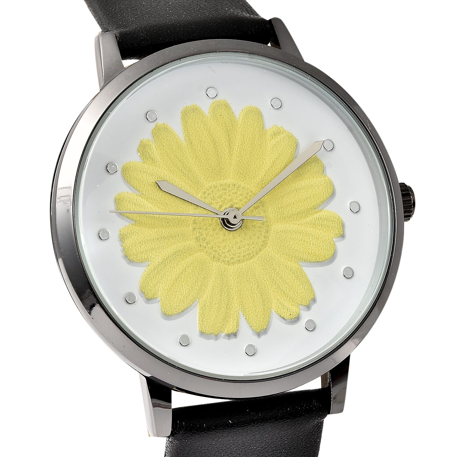 STRADA Japanese Movement Yellow Daisy Floral Water Resistant Watch with Black Colour Strap