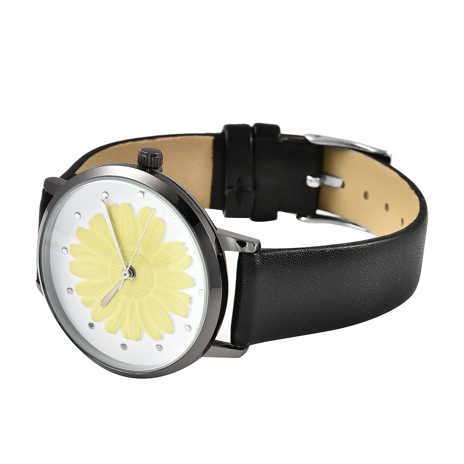STRADA Japanese Movement Yellow Daisy Floral Water Resistant Watch with Black Colour Strap