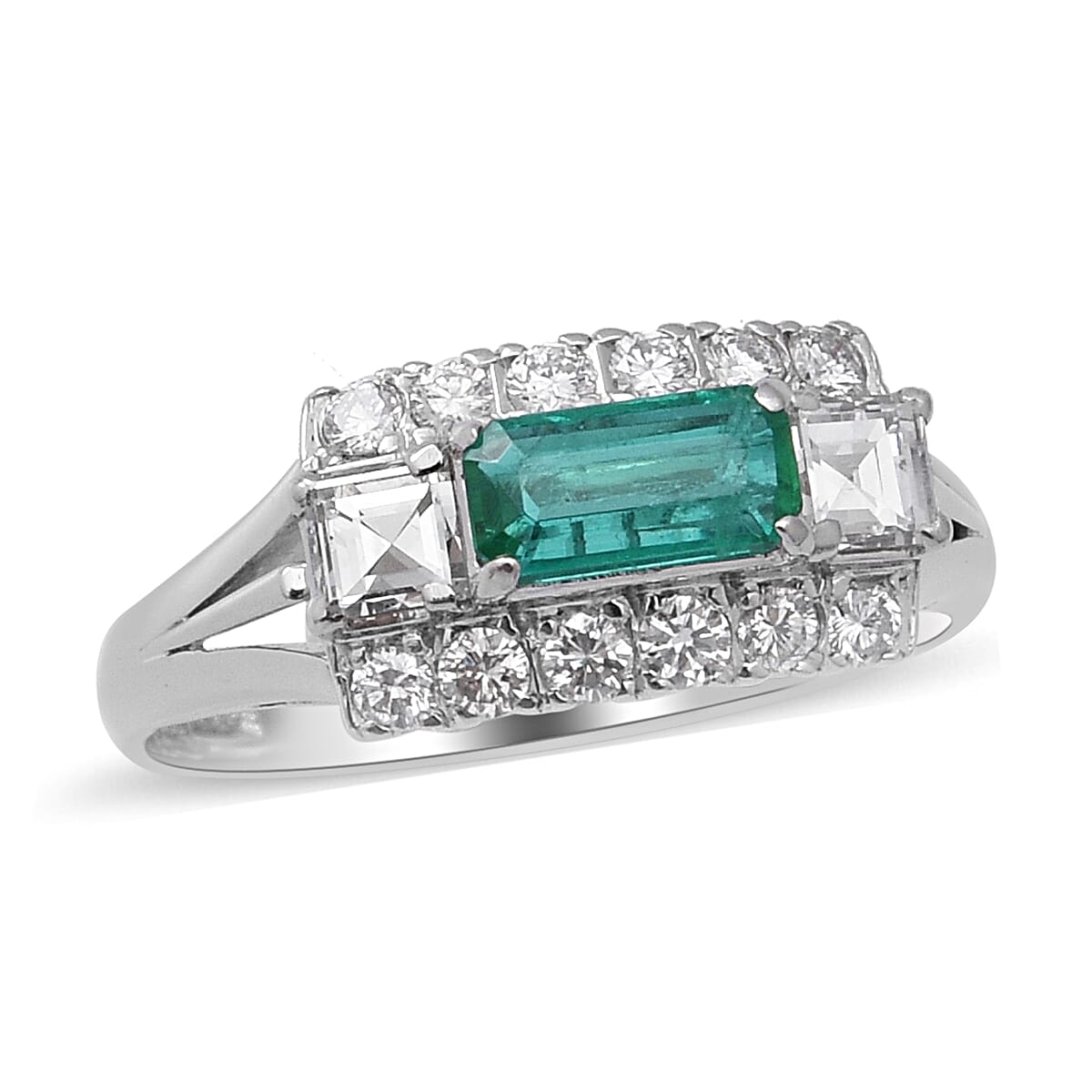Signature Collection 900 White Platinum Boyaca Colombian Emerald and Diamond (I1-G-H) Ring 1.160 Ct.