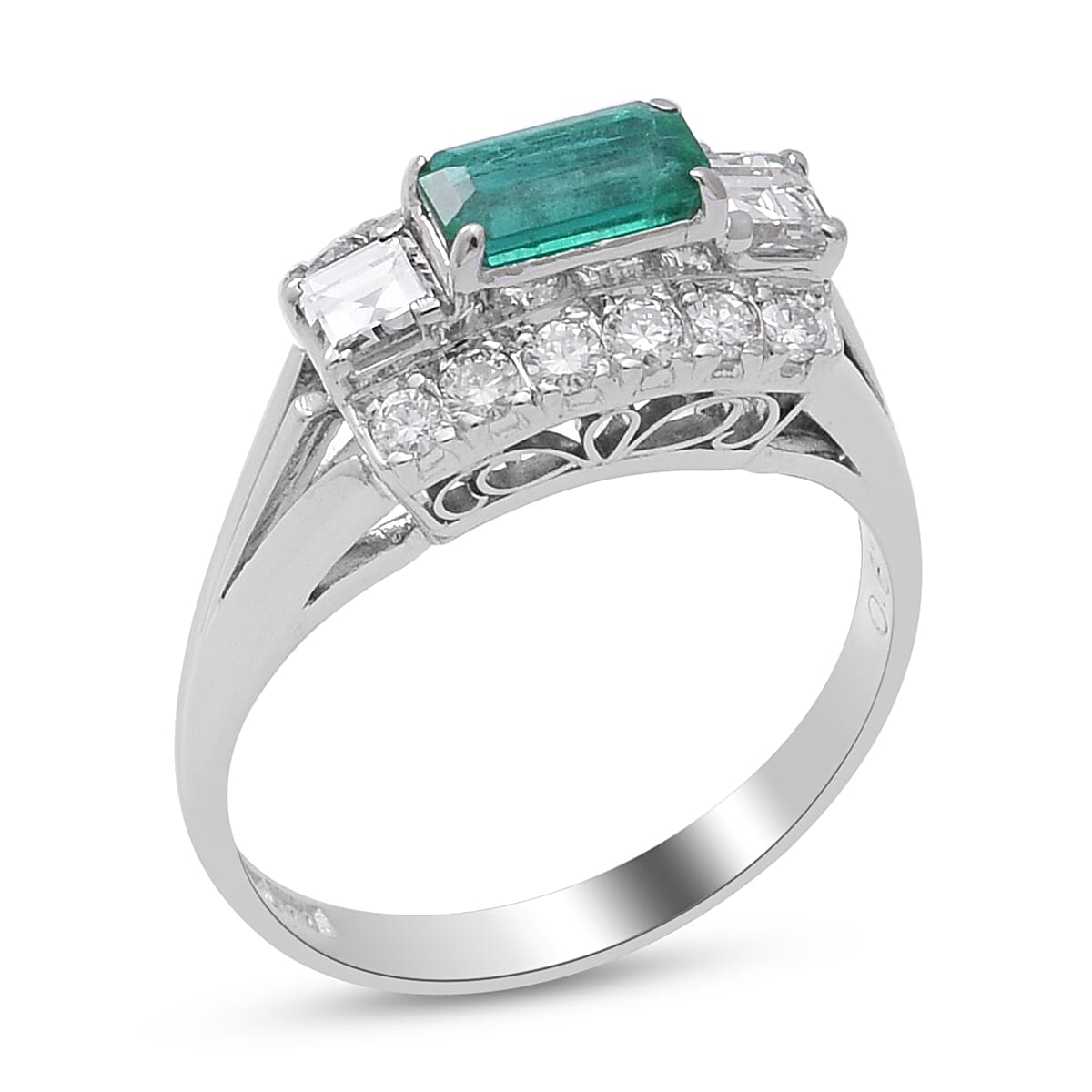 Signature Collection 900 White Platinum Boyaca Colombian Emerald and Diamond (I1-G-H) Ring 1.160 Ct.